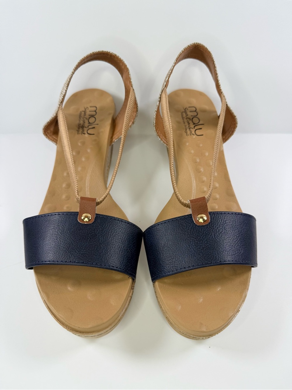 NWOT Malu Blue & Beige Strappy Slip-On Wedge Sandals w/ Logo Women's US 9